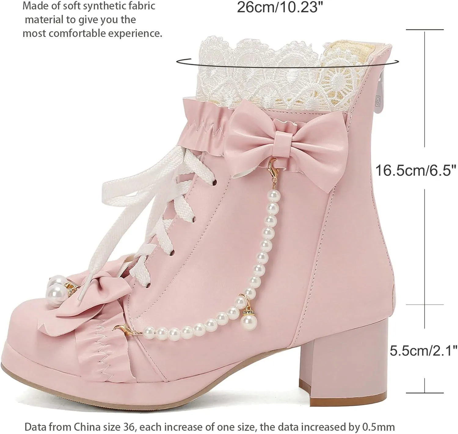 LUXMAX Women Cute Lolita Boots Chunky Mid Heel Ankle Boots with Bow Platform Lace Up Booties with Pearl