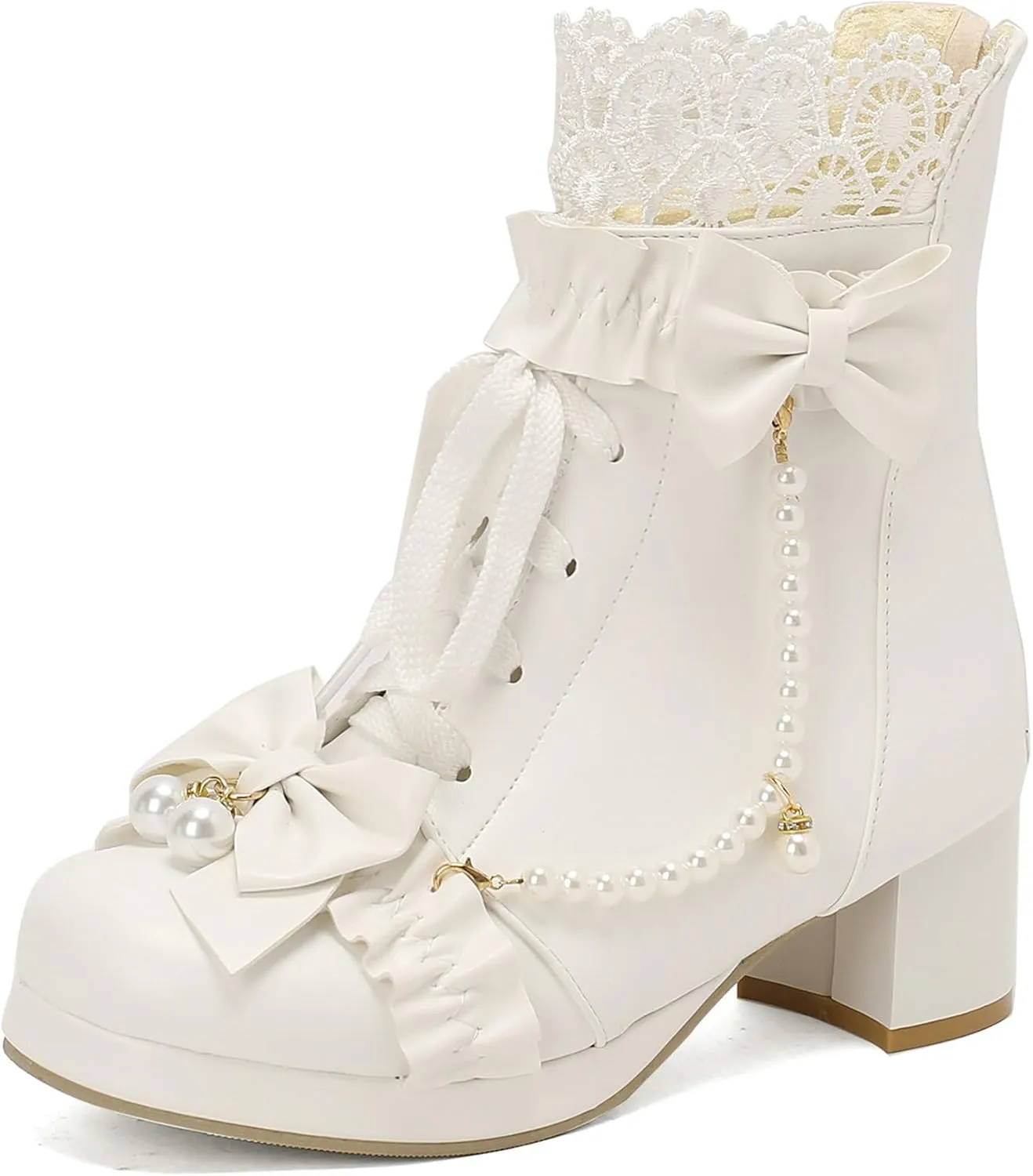 LUXMAX Women Cute Lolita Boots Chunky Mid Heel Ankle Boots with Bow Platform Lace Up Booties with Pearl