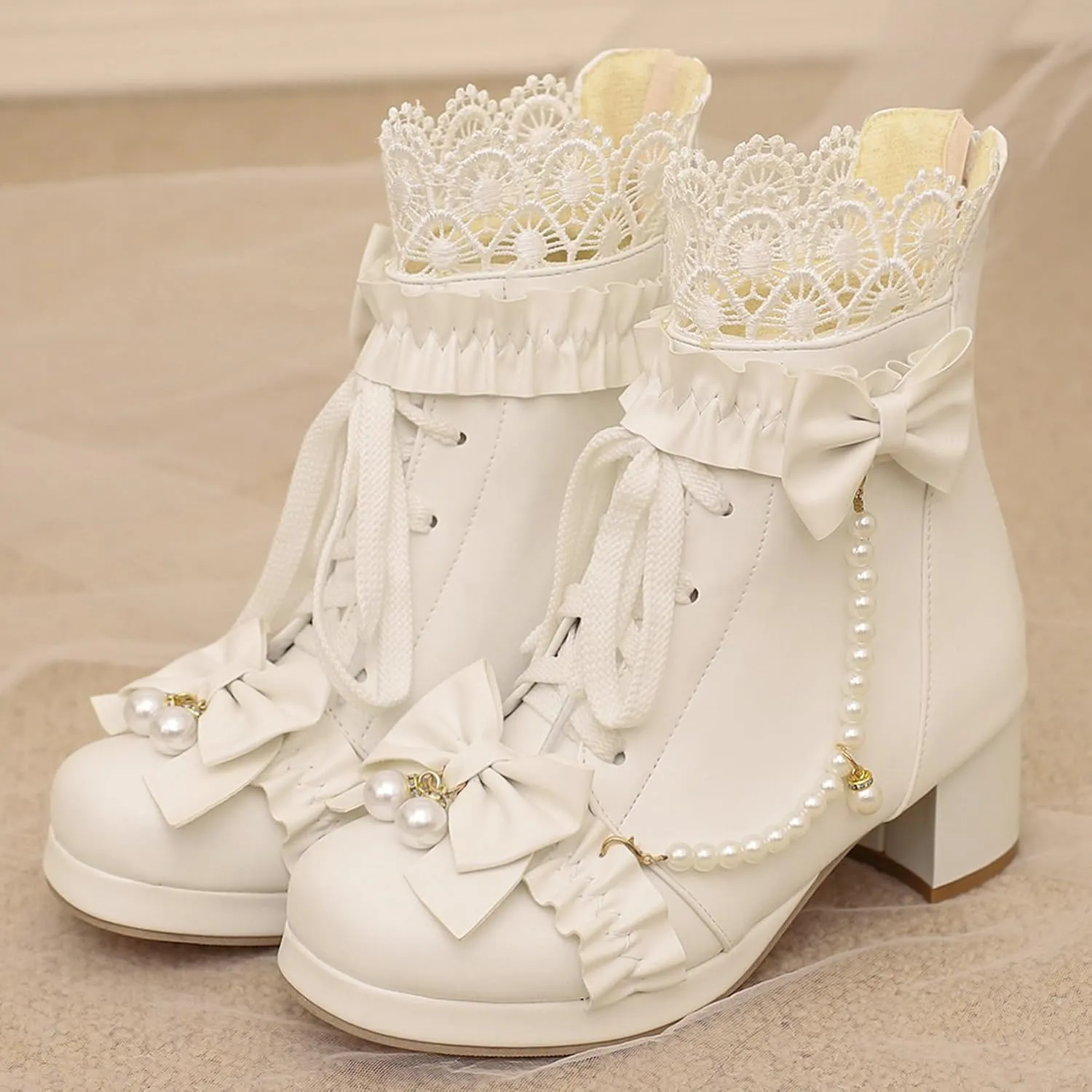 LUXMAX Women Cute Lolita Boots Chunky Mid Heel Ankle Boots with Bow Platform Lace Up Booties with Pearl