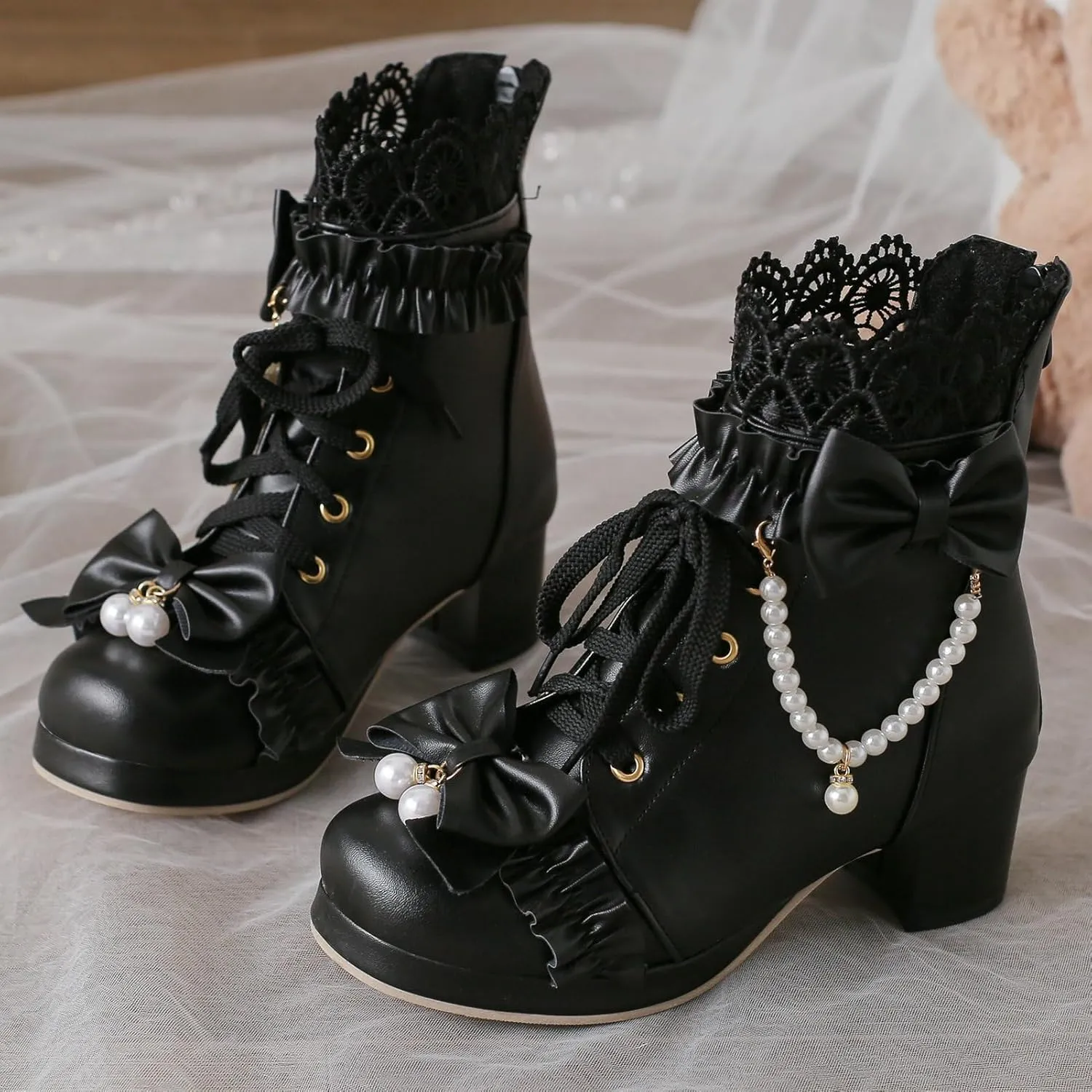 LUXMAX Women Cute Lolita Boots Chunky Mid Heel Ankle Boots with Bow Platform Lace Up Booties with Pearl