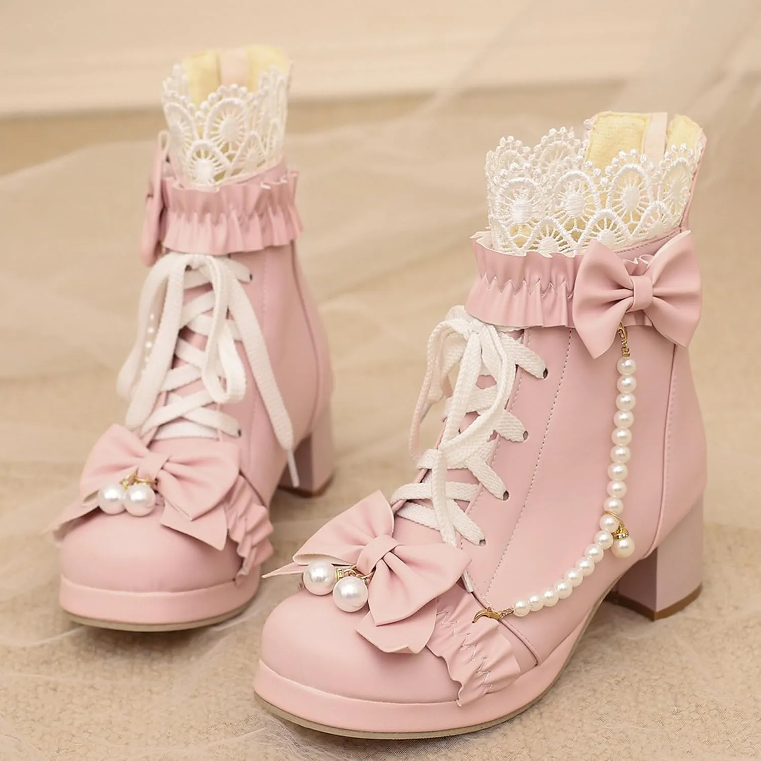 LUXMAX Women Cute Lolita Boots Chunky Mid Heel Ankle Boots with Bow Platform Lace Up Booties with Pearl