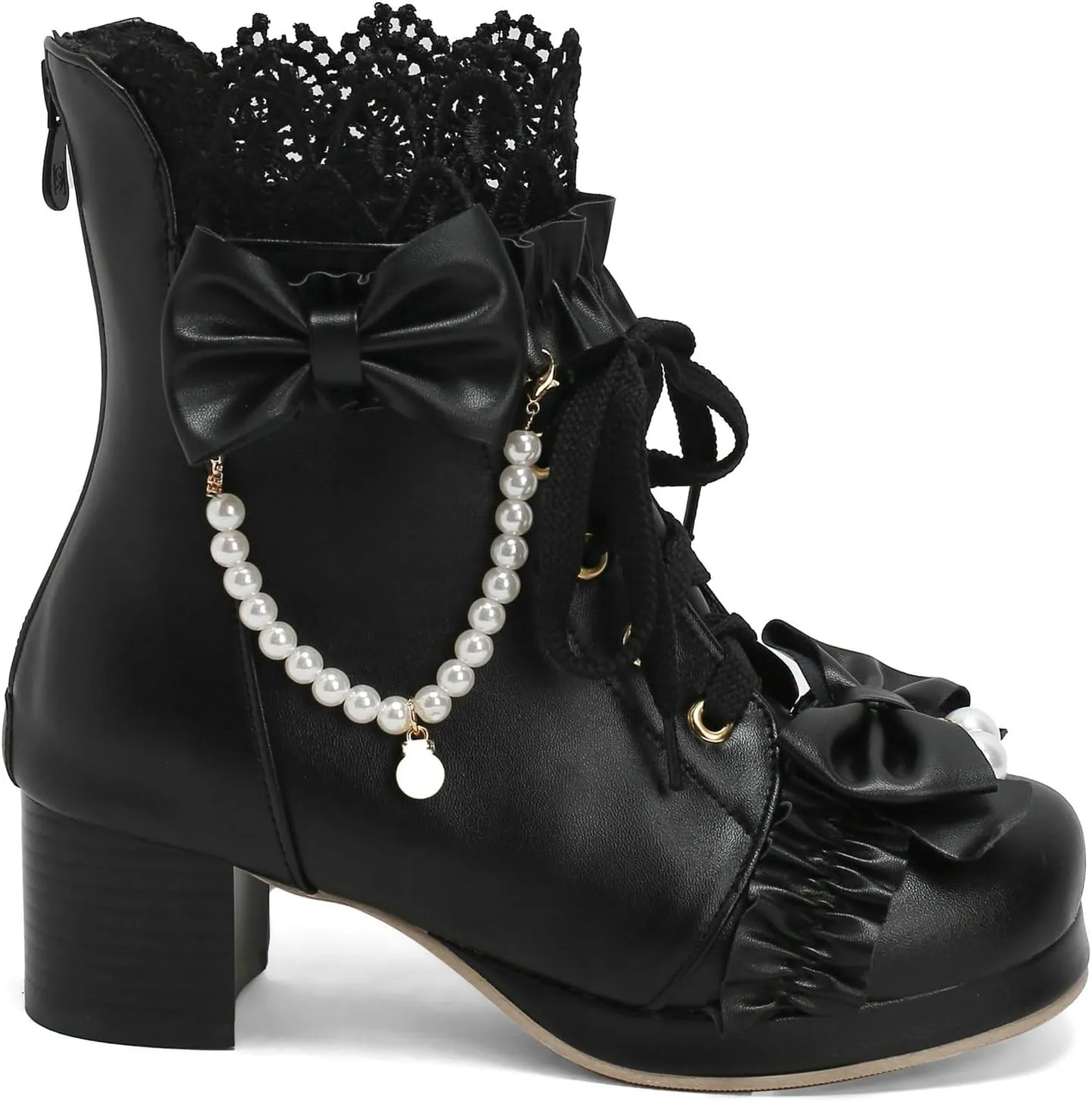 LUXMAX Women Cute Lolita Boots Chunky Mid Heel Ankle Boots with Bow Platform Lace Up Booties with Pearl