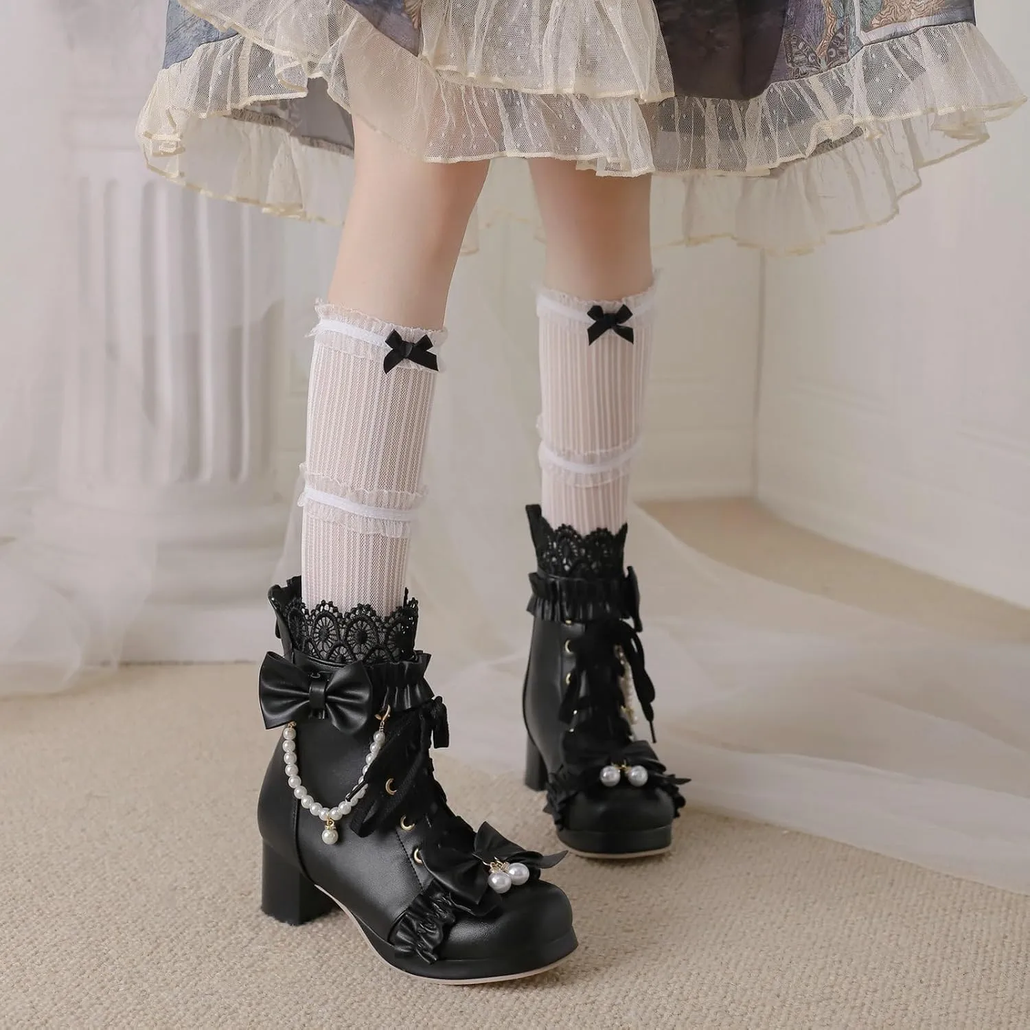 LUXMAX Women Cute Lolita Boots Chunky Mid Heel Ankle Boots with Bow Platform Lace Up Booties with Pearl