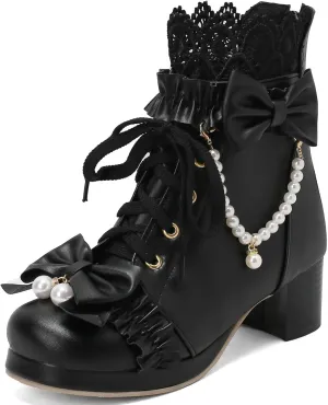 LUXMAX Women Cute Lolita Boots Chunky Mid Heel Ankle Boots with Bow Platform Lace Up Booties with Pearl