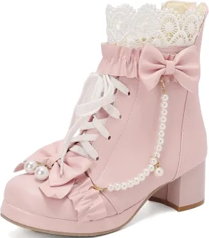 LUXMAX Women Cute Lolita Boots Chunky Mid Heel Ankle Boots with Bow Platform Lace Up Booties with Pearl