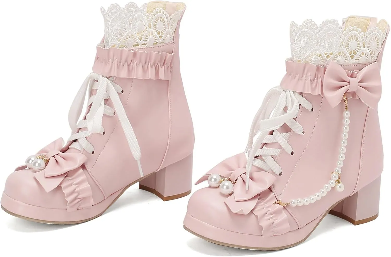 LUXMAX Women Cute Lolita Boots Chunky Mid Heel Ankle Boots with Bow Platform Lace Up Booties with Pearl