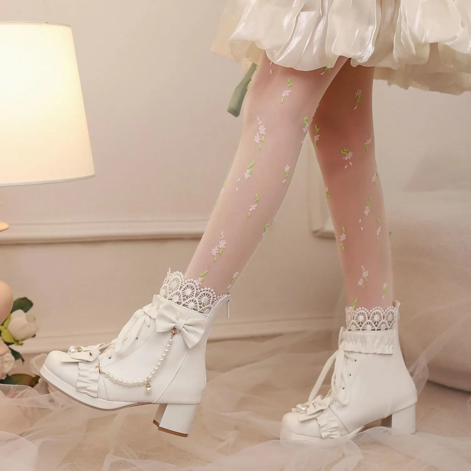 LUXMAX Women Cute Lolita Boots Chunky Mid Heel Ankle Boots with Bow Platform Lace Up Booties with Pearl