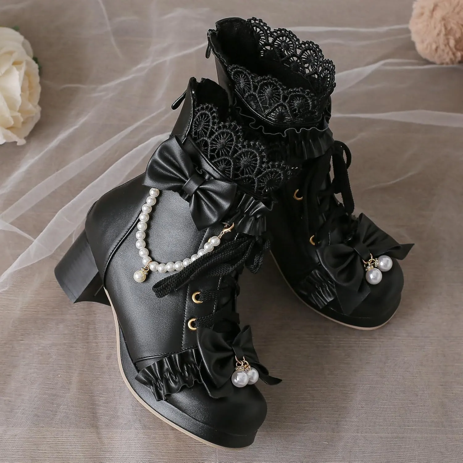 LUXMAX Women Cute Lolita Boots Chunky Mid Heel Ankle Boots with Bow Platform Lace Up Booties with Pearl