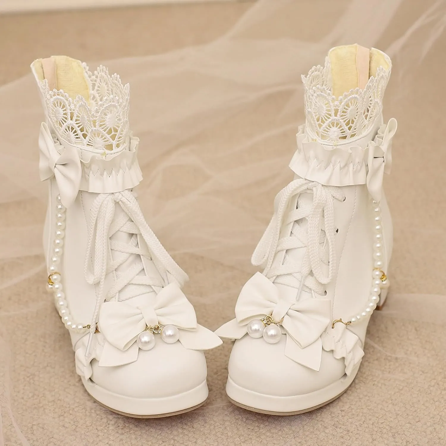 LUXMAX Women Cute Lolita Boots Chunky Mid Heel Ankle Boots with Bow Platform Lace Up Booties with Pearl