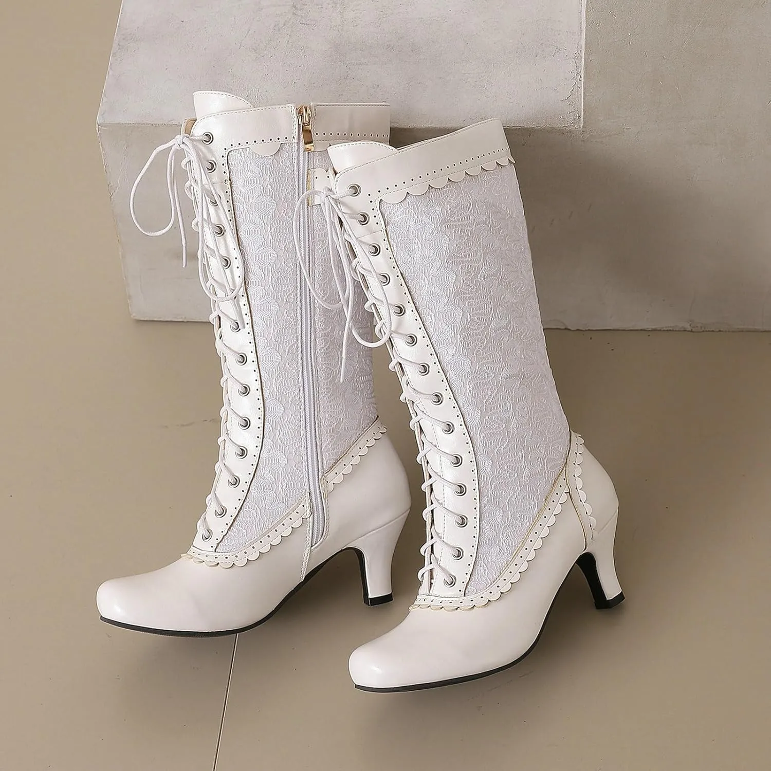 LUXMAX Women Gothic Victorian Boots Low Kitten Heel Mid Calf Boots Lace Up Cute Bow Boots for Ladies Witch Shoes