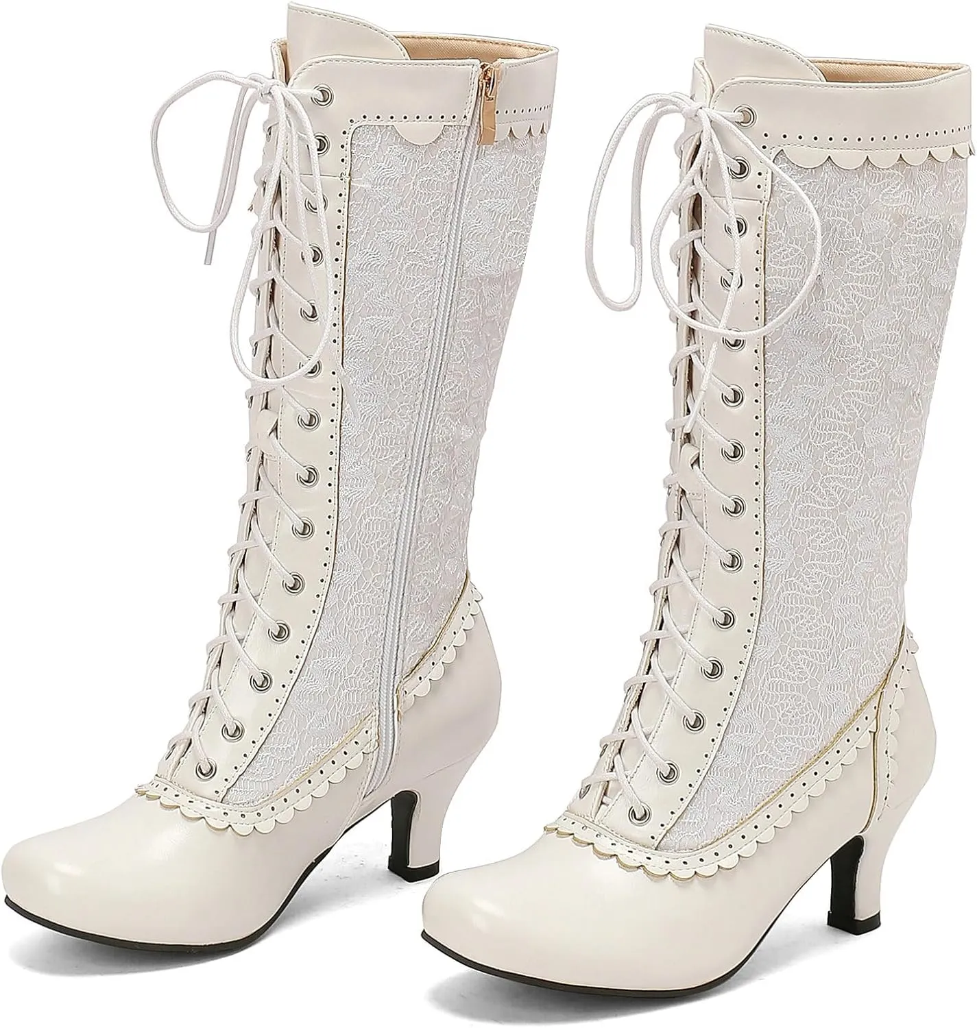 LUXMAX Women Gothic Victorian Boots Low Kitten Heel Mid Calf Boots Lace Up Cute Bow Boots for Ladies Witch Shoes