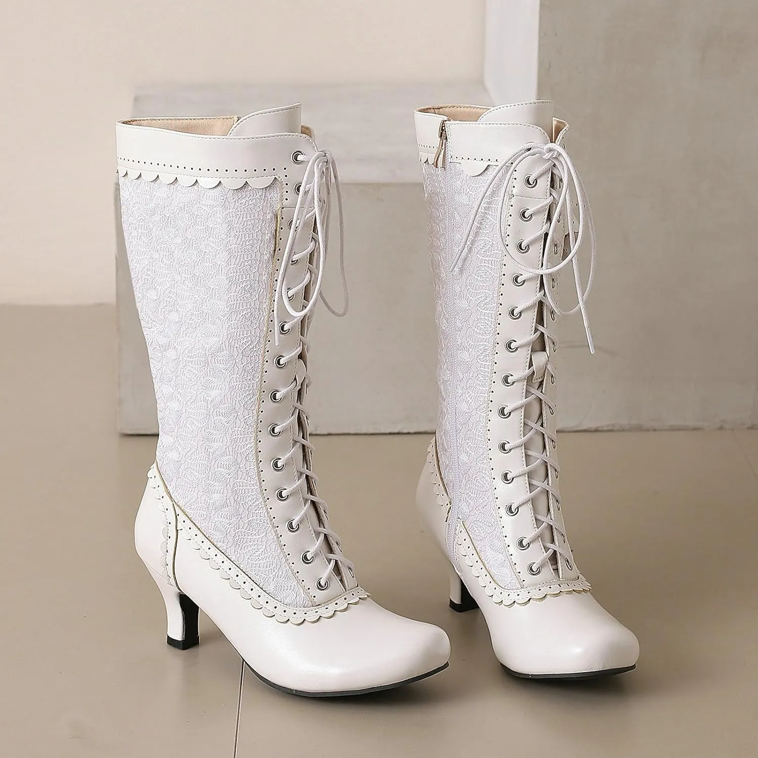 LUXMAX Women Gothic Victorian Boots Low Kitten Heel Mid Calf Boots Lace Up Cute Bow Boots for Ladies Witch Shoes