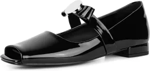 Lyrisiphy Ballet Flats Shoes for Women Mary Jane Flats Open Square Toe Buckle Strap Bow Medal Flats Ballerina Shoes Party Casual Formal Flats Black Flats