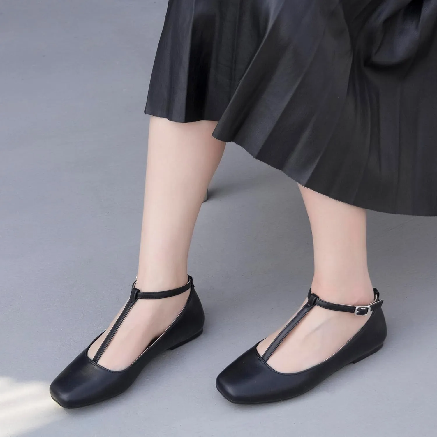 Mary Jane Flats for Women Square Toe Dress Shoes Adjustable T Strap Ballet Flats Comfortable Ankle Flats Work Party Office Wedding