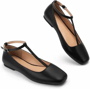Mary Jane Flats for Women Square Toe Dress Shoes Adjustable T Strap Ballet Flats Comfortable Ankle Flats Work Party Office Wedding