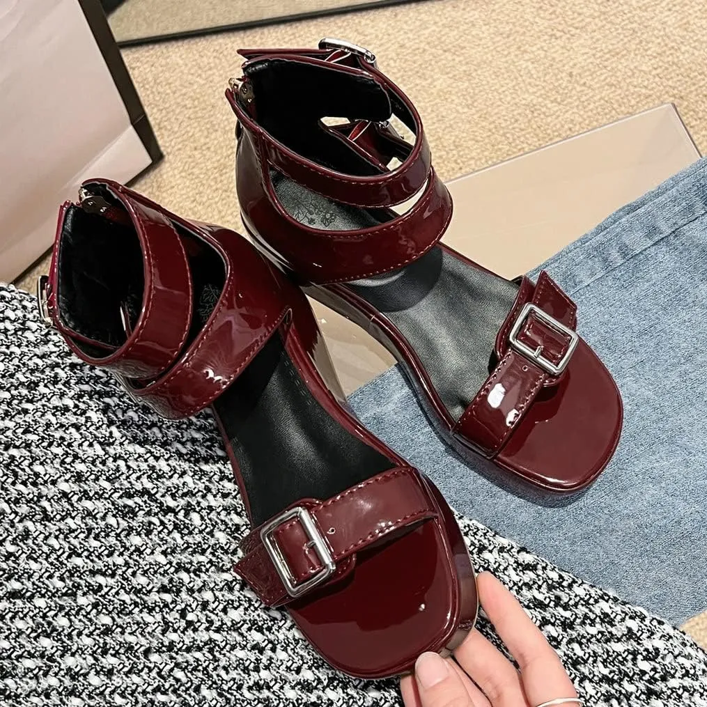 Meefit Women Patent Platform Wedge Sandals Open Toe Ankle Strap High Heel Sandals