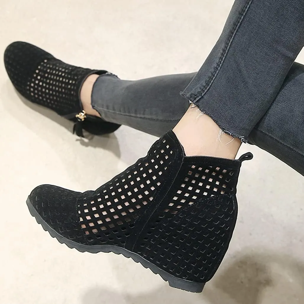 Meefit Women Perforated Boots High Heels Cutout Ankle Boots Summer Wedge Booties