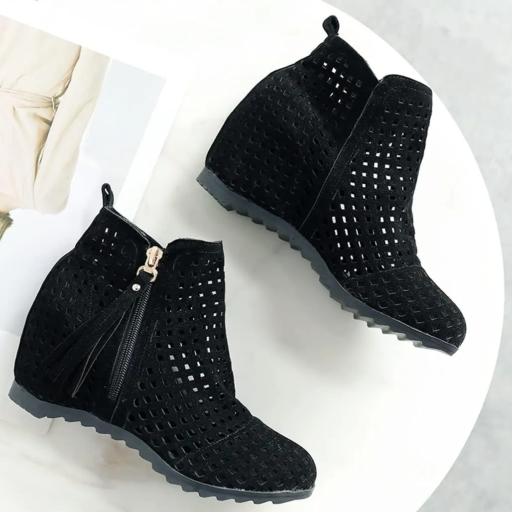 Meefit Women Perforated Boots High Heels Cutout Ankle Boots Summer Wedge Booties