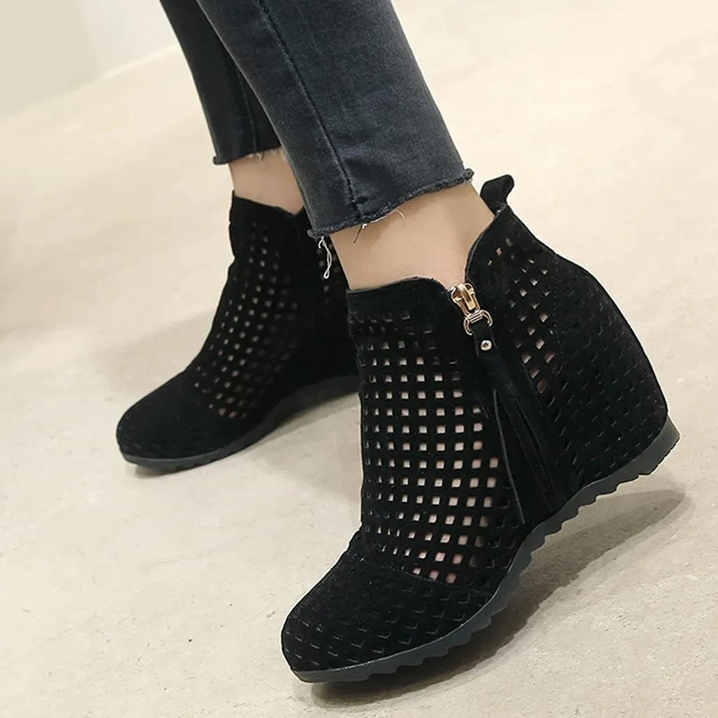 Meefit Women Perforated Boots High Heels Cutout Ankle Boots Summer Wedge Booties