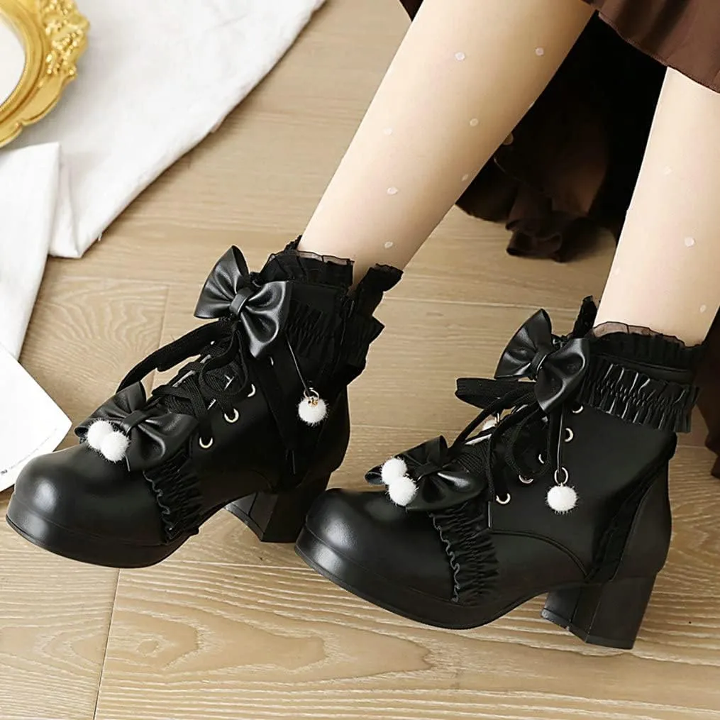 Meefit Women Platform Boots Lace Up Chunky Heel Ankle Boots with Bow Cosplay Winter Shoes