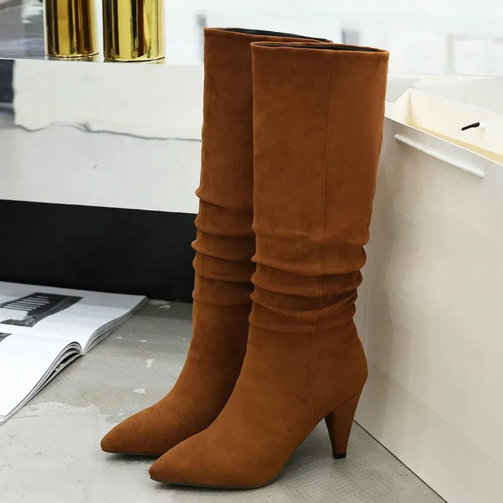 Meefit Women Pointed Toe Knee High Slouch Boots Cone Heel Pull On Long Slouchy Boot