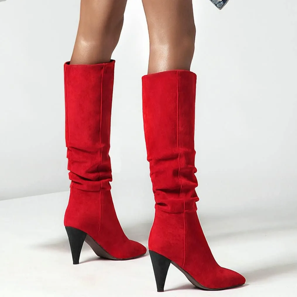 Meefit Women Pointed Toe Knee High Slouch Boots Cone Heel Pull On Long Slouchy Boot