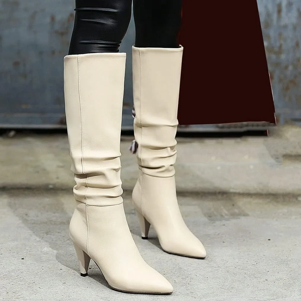 Meefit Women Pointed Toe Knee High Slouch Boots Cone Heel Pull On Long Slouchy Boot