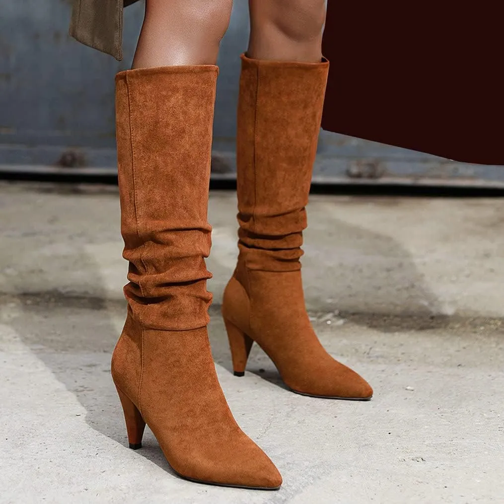 Meefit Women Pointed Toe Knee High Slouch Boots Cone Heel Pull On Long Slouchy Boot