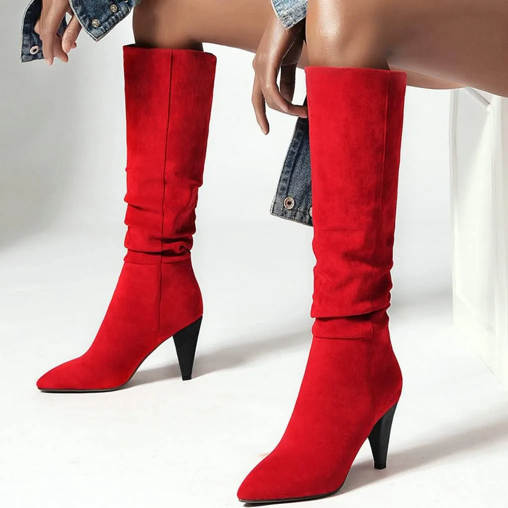 Meefit Women Pointed Toe Knee High Slouch Boots Cone Heel Pull On Long Slouchy Boot