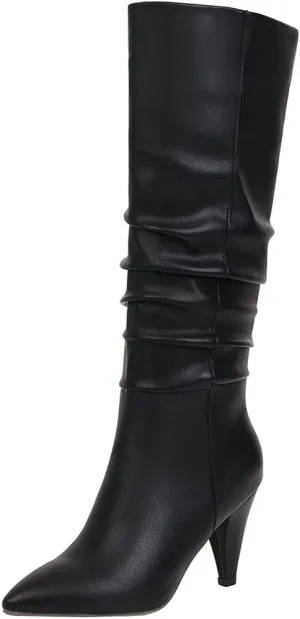 Meefit Women Pointed Toe Knee High Slouch Boots Cone Heel Pull On Long Slouchy Boot