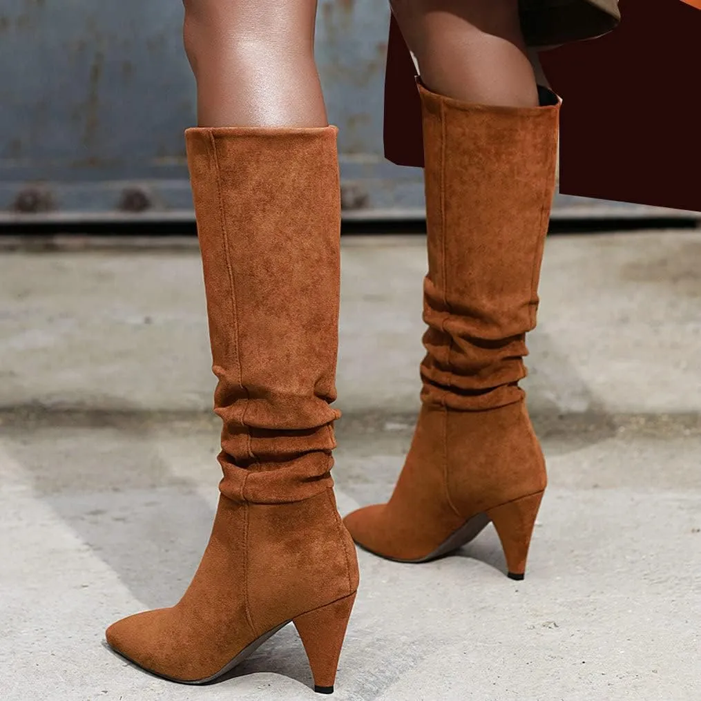Meefit Women Pointed Toe Knee High Slouch Boots Cone Heel Pull On Long Slouchy Boot