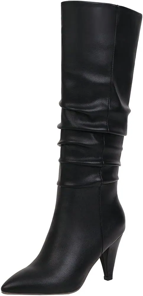 Meefit Women Pointed Toe Knee High Slouch Boots Cone Heel Pull On Long Slouchy Boot