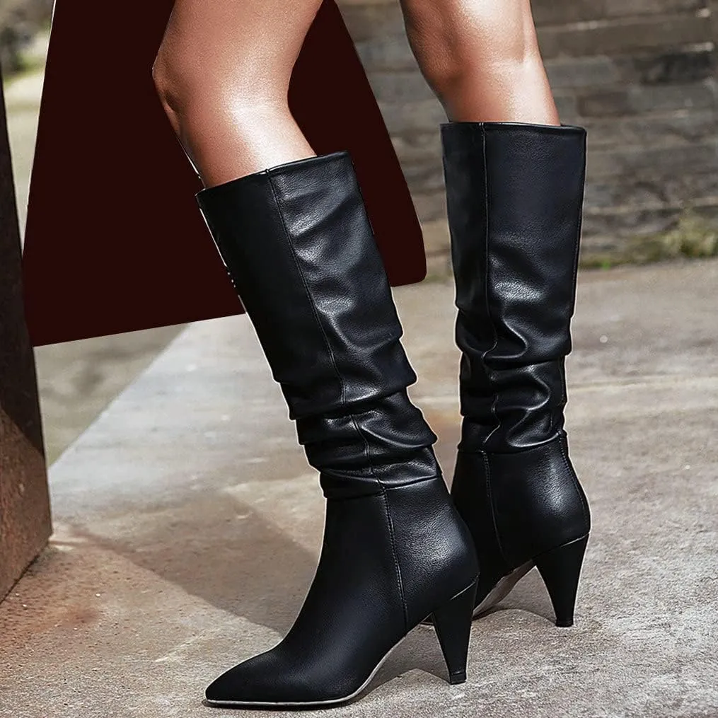 Meefit Women Pointed Toe Knee High Slouch Boots Cone Heel Pull On Long Slouchy Boot