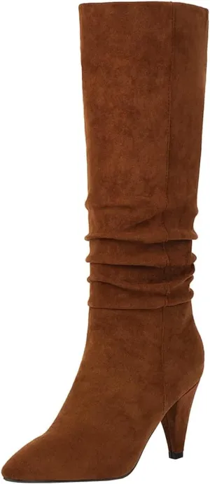 Meefit Women Pointed Toe Knee High Slouch Boots Cone Heel Pull On Long Slouchy Boot
