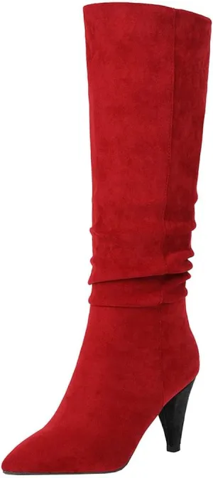 Meefit Women Pointed Toe Knee High Slouch Boots Cone Heel Pull On Long Slouchy Boot