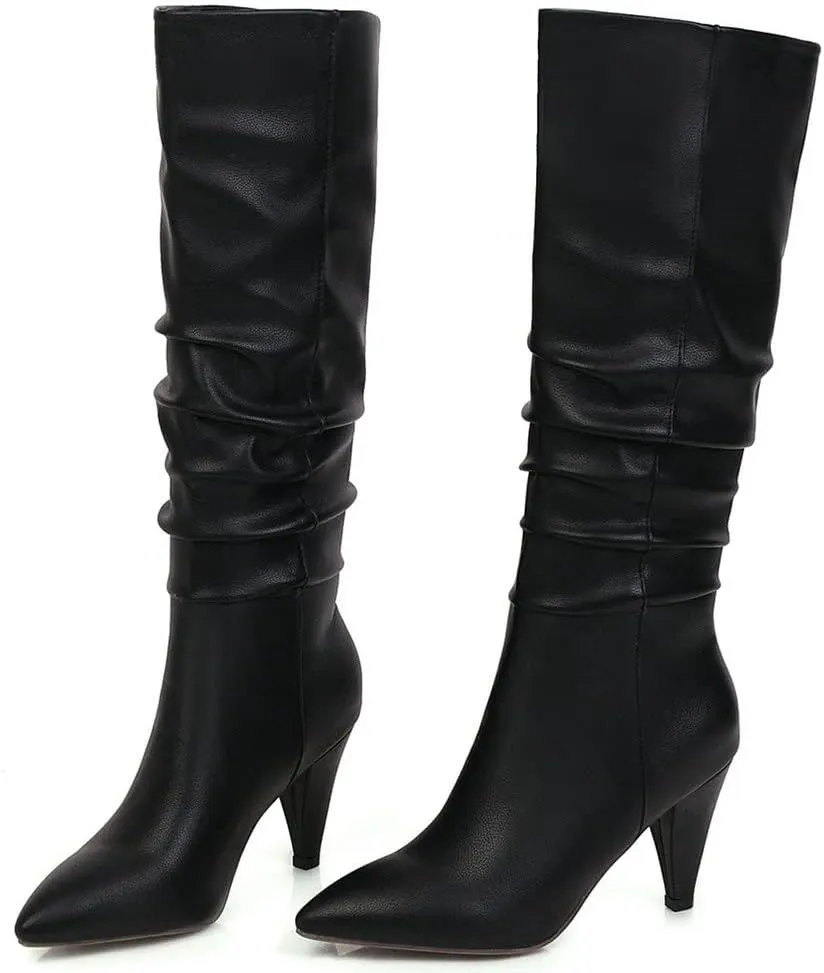 Meefit Women Pointed Toe Knee High Slouch Boots Cone Heel Pull On Long Slouchy Boot