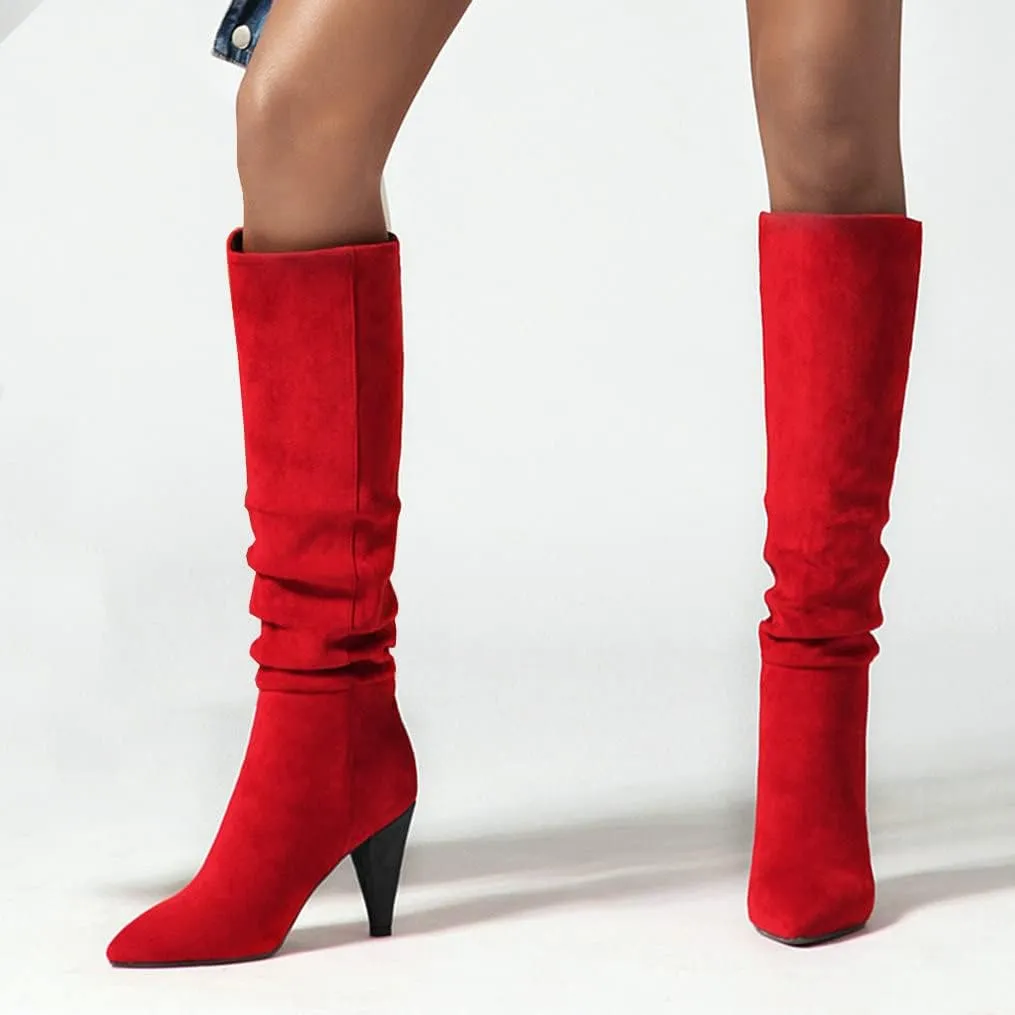 Meefit Women Pointed Toe Knee High Slouch Boots Cone Heel Pull On Long Slouchy Boot