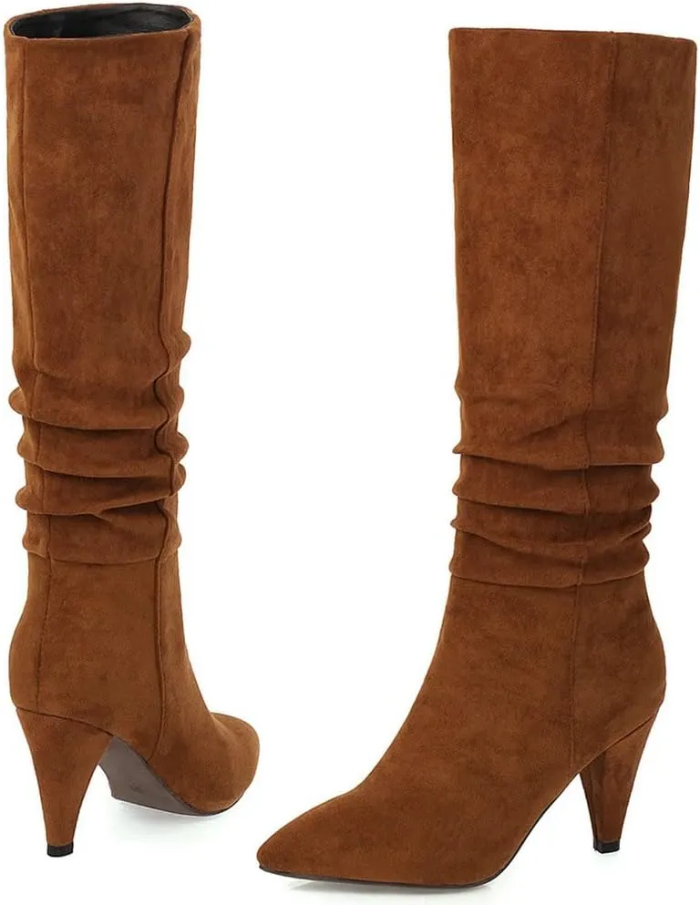 Meefit Women Pointed Toe Knee High Slouch Boots Cone Heel Pull On Long Slouchy Boot