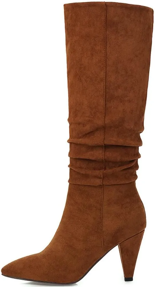 Meefit Women Pointed Toe Knee High Slouch Boots Cone Heel Pull On Long Slouchy Boot