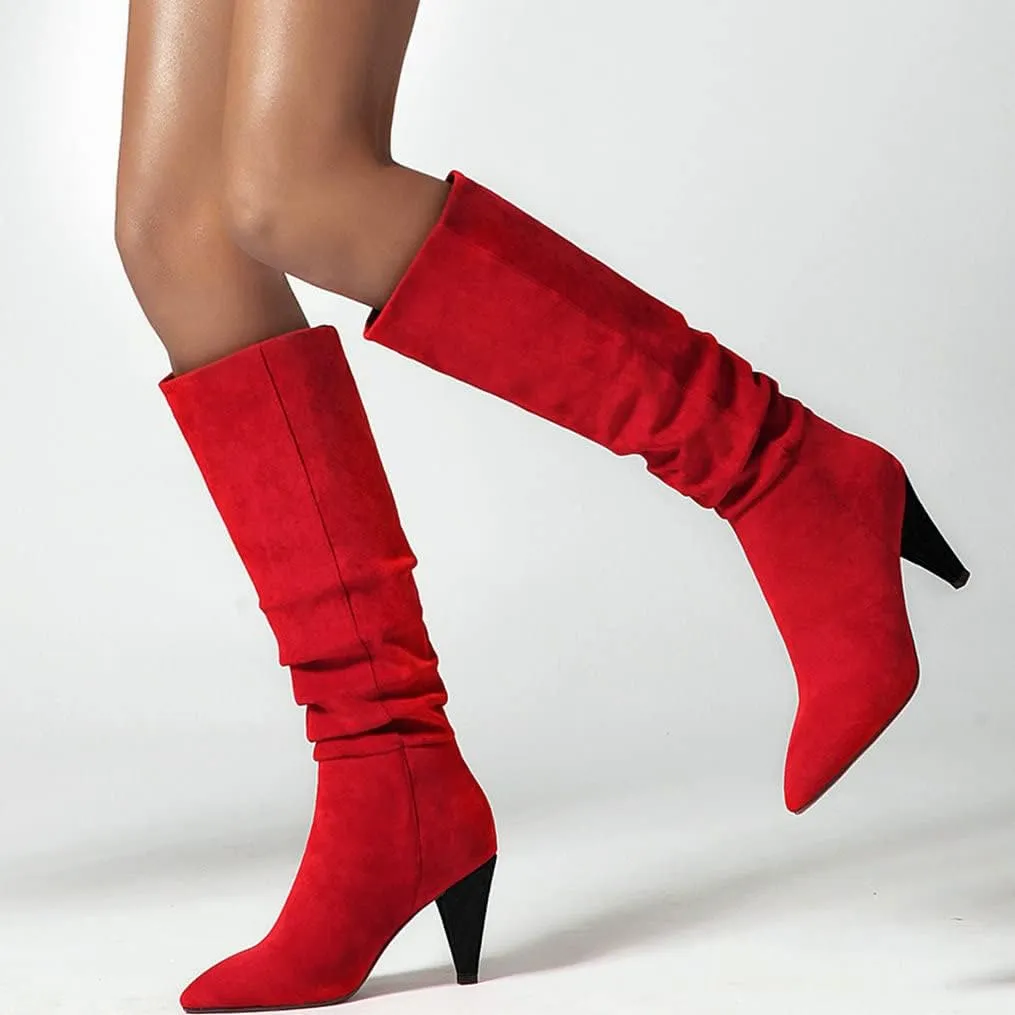 Meefit Women Pointed Toe Knee High Slouch Boots Cone Heel Pull On Long Slouchy Boot