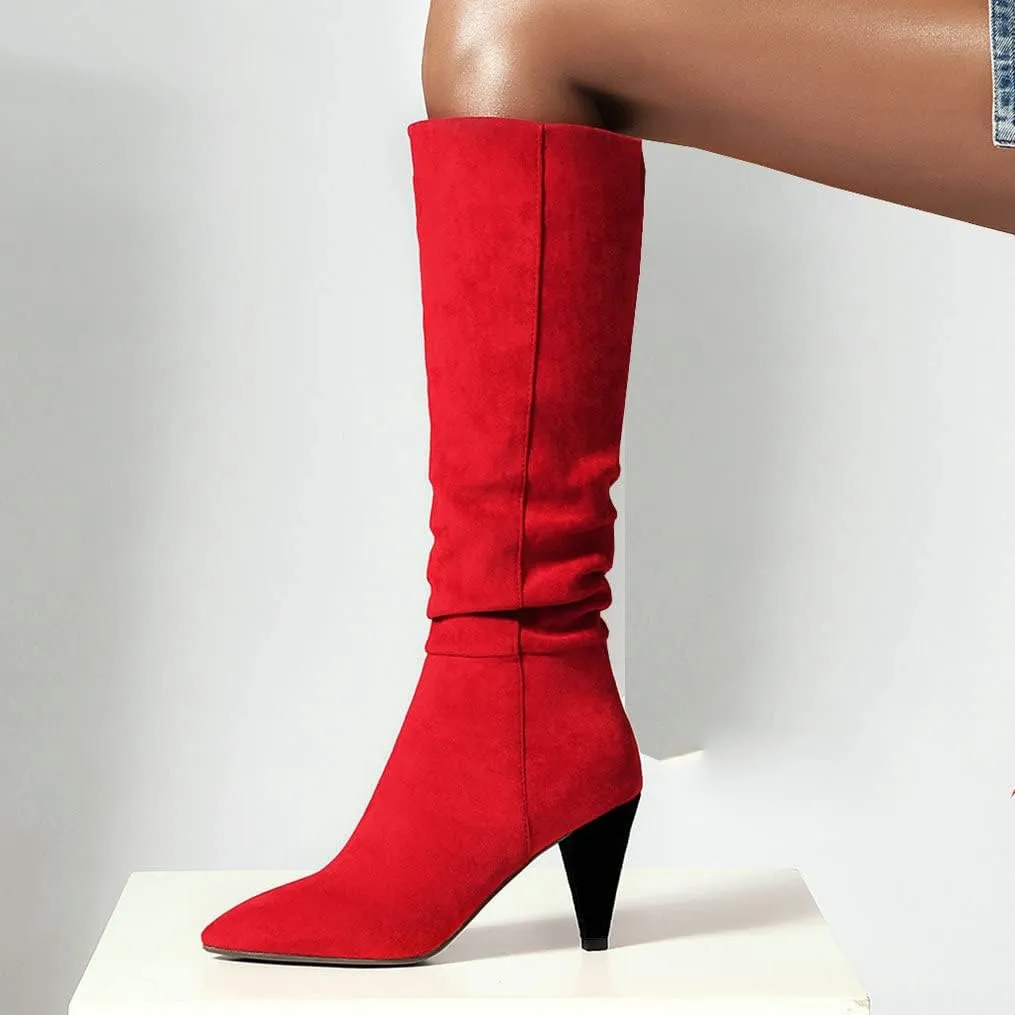 Meefit Women Pointed Toe Knee High Slouch Boots Cone Heel Pull On Long Slouchy Boot