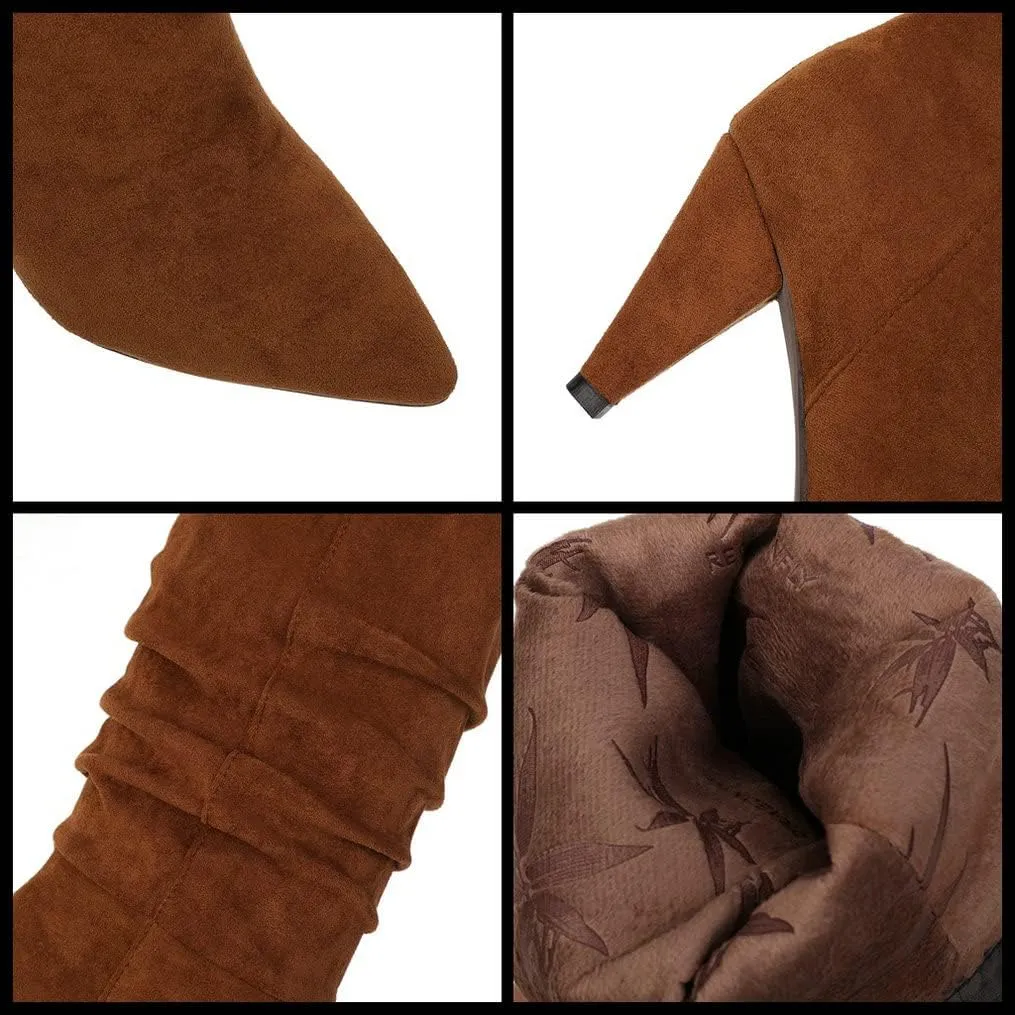 Meefit Women Pointed Toe Knee High Slouch Boots Cone Heel Pull On Long Slouchy Boot