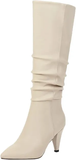 Meefit Women Pointed Toe Knee High Slouch Boots Cone Heel Pull On Long Slouchy Boot