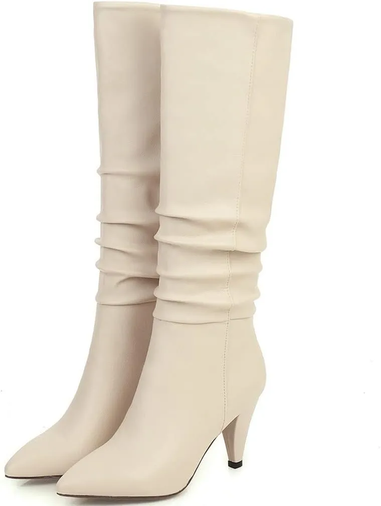 Meefit Women Pointed Toe Knee High Slouch Boots Cone Heel Pull On Long Slouchy Boot