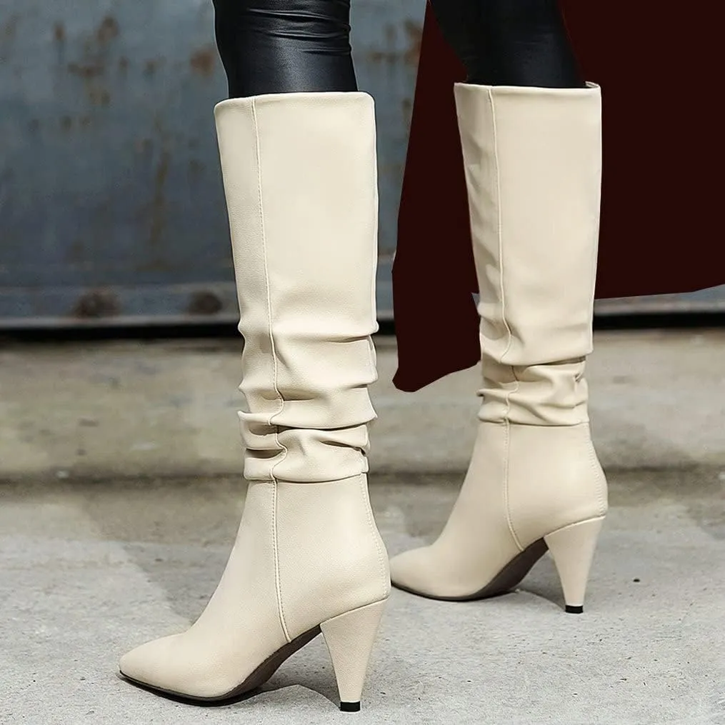 Meefit Women Pointed Toe Knee High Slouch Boots Cone Heel Pull On Long Slouchy Boot