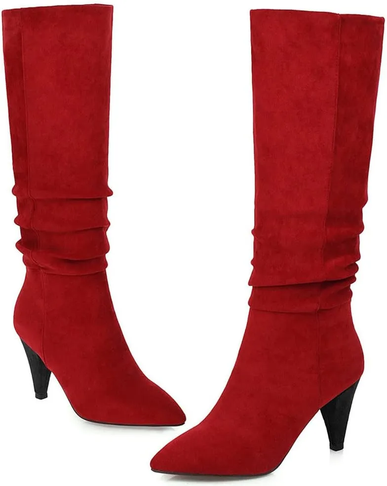 Meefit Women Pointed Toe Knee High Slouch Boots Cone Heel Pull On Long Slouchy Boot