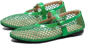 MeiLuSi Ballet Flats for Women, Mary Janes Flats Metal Buckle Strap Mesh Perforated Mary Jane Comfortable Ballerina Flat Shoes