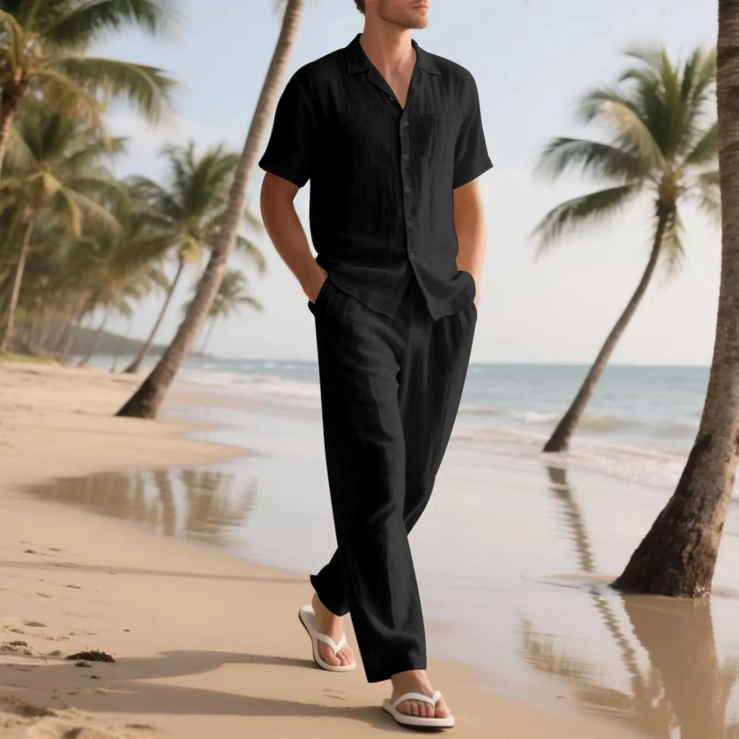 Mens 2 Piece Cotton Linen Set Short Sleeve Button down Shirts Wide Straight Leg Pant Casual Beach Vacation Lounge Set