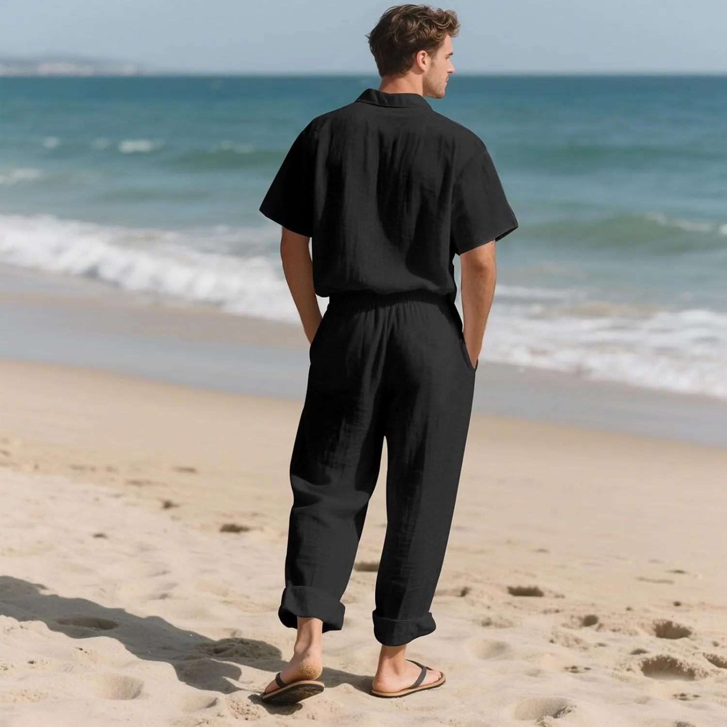Mens 2 Piece Cotton Linen Set Short Sleeve Button down Shirts Wide Straight Leg Pant Casual Beach Vacation Lounge Set