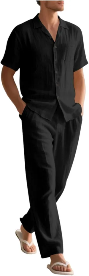 Mens 2 Piece Cotton Linen Set Short Sleeve Button down Shirts Wide Straight Leg Pant Casual Beach Vacation Lounge Set